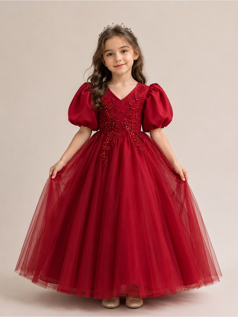 🎉LAST‎ CHANCE🎉Girls Elegant Floral Embroidery Mesh Puff Sleeve Princess Dress